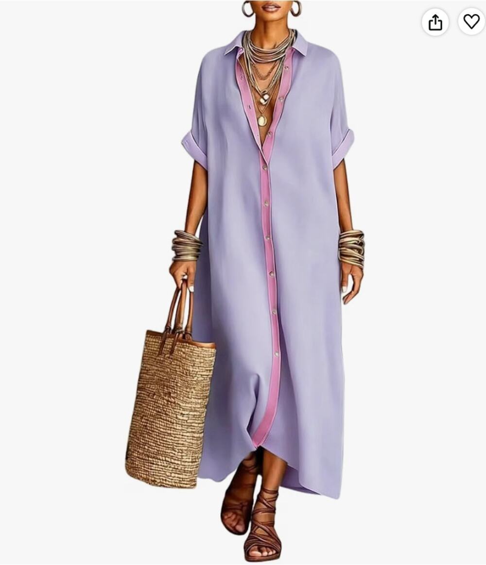 Button Down Shirt Dress Short Sleeve Cotton Casual Loose Beach Long Maxi Dress